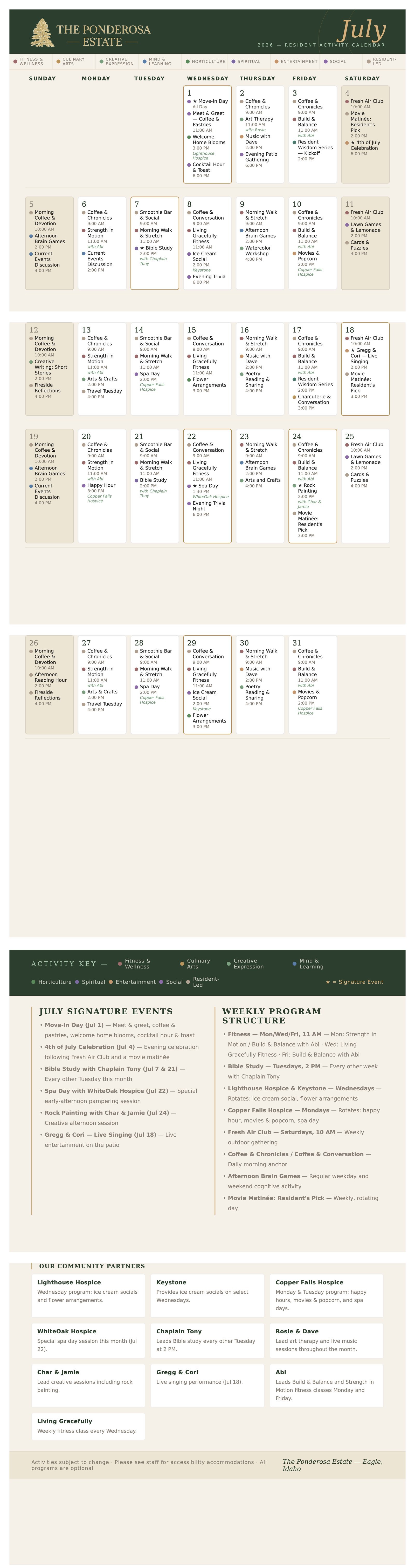 July 2026 resident activity calendar for The Ponderosa Estate
