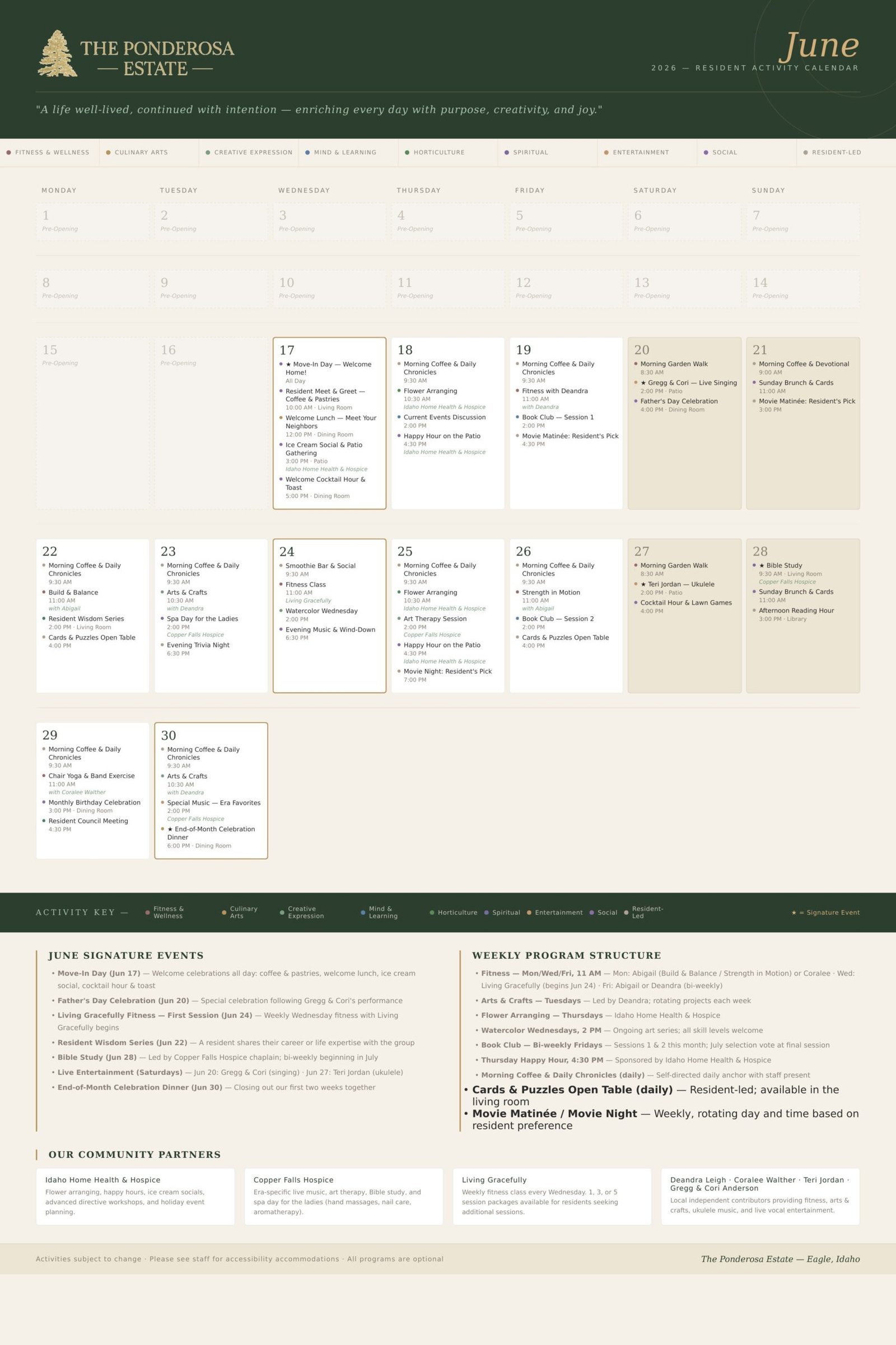 June 2026 resident activity calendar for The Ponderosa Estate