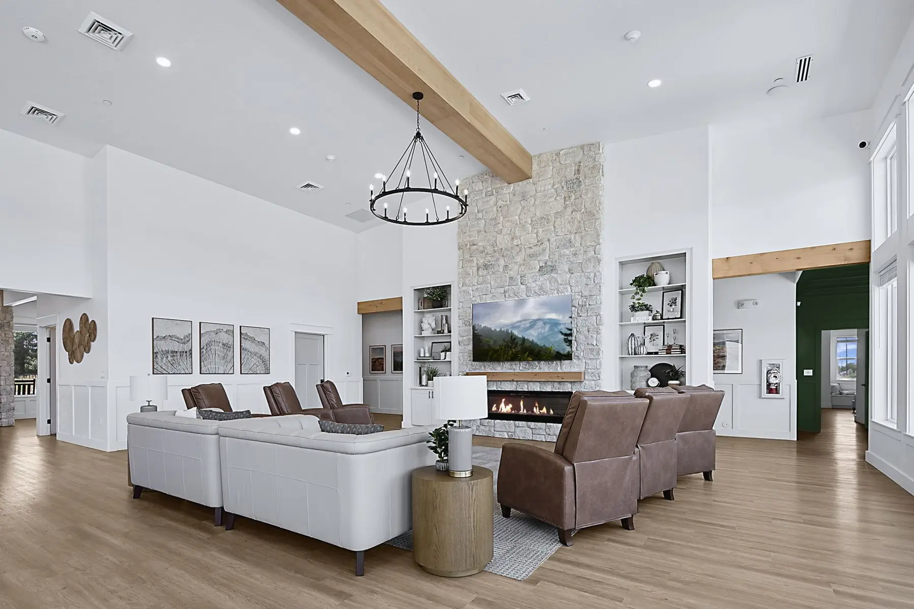 Calm family room with fireplace at The Ponderosa Estate in Eagle, Idaho