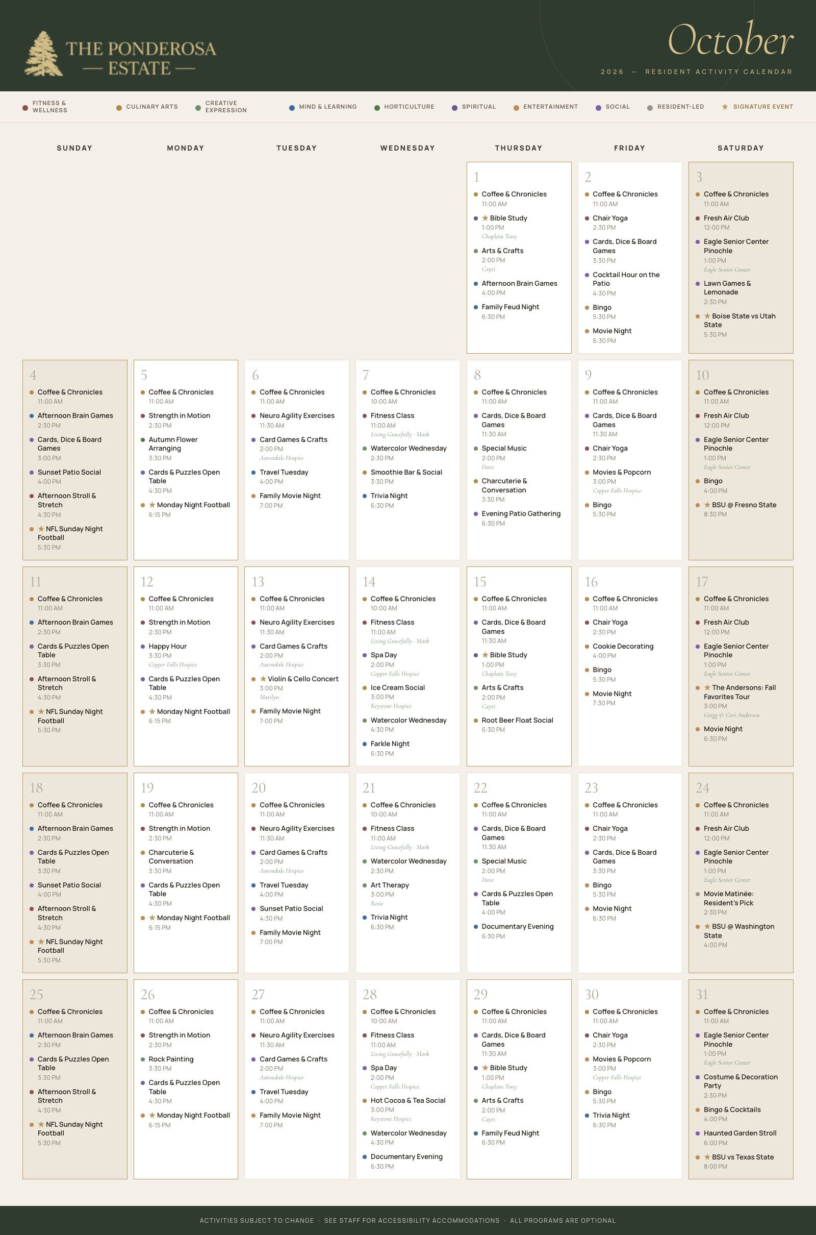 October 2026 resident activity calendar for The Ponderosa Estate